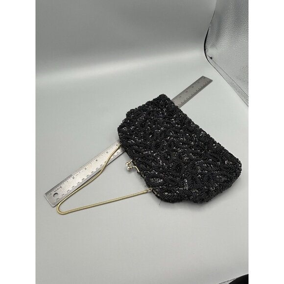 Evening Bag Black Beaded Kiss Lock Rhinestones Gold Chain Sequins See Photos Vtg - Picture 9 of 12